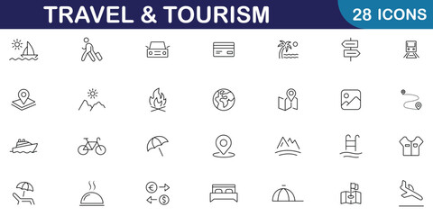 Travel and tourism icon set. Included icons as hotels, tourism, airplane, trip, beach, passport, summer vacations, etc. Travel and tourism linear icon set with editable stroke. Vector illustration.
