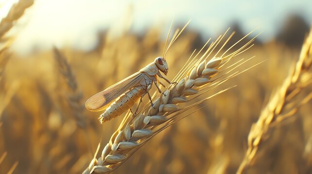 A grasshopper perched on a stalk of wheat in a field at sunset
