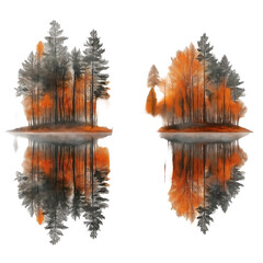 Reflective Autumn Forest Lake at Dawn on white background,png