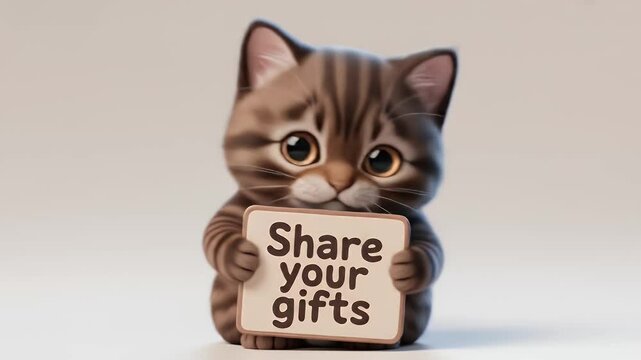 Brown Tabby Kitten Holding a Sign with Share Your Gifts Message in Neutral Background Portrait