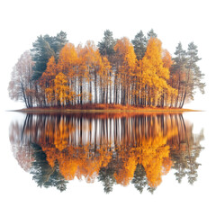 Reflective Autumn Forest Lake at Dawn on white background,png