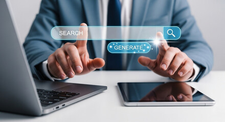 Man in suit interacting with search and generate interfaces on laptop and tablet devices on desk