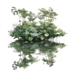 Serene Still Backwater with Floating Jungle Canopy on white background,png