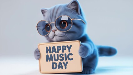 Blue Gray Tabby Cat Wearing Glasses Holding Happy Music Day Sign with Soft Gradient Light Blue Background