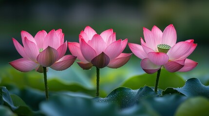 Obraz premium Three pink lotus blossoms in a serene pond setting