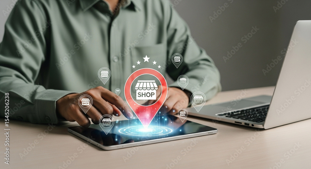 Poster man using tablet with shop icons and laptop showing online business and e commerce concept design