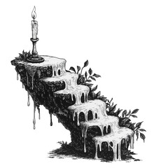 Surreal Ink Drawing of Melting Staircase with Candle on white background,png