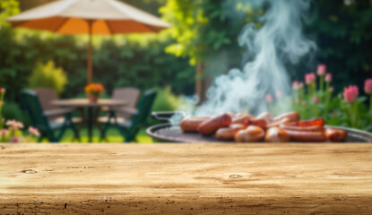 Empty Table with Barbecue Grill in Background &ndash; Summer Outdoor Cooking Scene