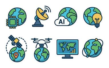 Earth and technology icons set - outline, global and tech themed symbols