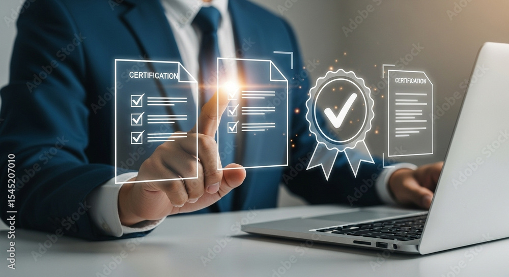 Poster a man in a suit pointing at digital certification icons near a laptop on a white surface