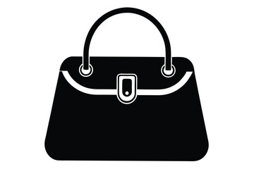 Black Handbag with Curved Handle, Clasp, and Trim, Simple Silhouette Illustration