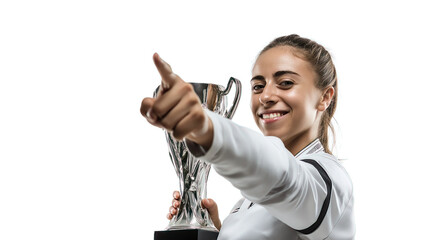 Proud Female Soccer Player Pointing at World Club Cup Trophy – Confident Smile and Strong Pose, Isolated on Transparent Background with Studio Lighting for Sports Branding