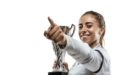 Proud Female Soccer Player Pointing at World Club Cup Trophy – Confident Smile and Strong Pose, Isolated on Transparent Background with Studio Lighting for Sports Branding