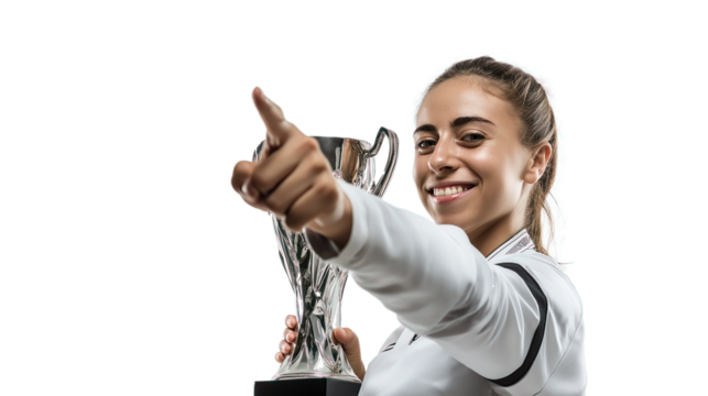 Proud Female Soccer Player Pointing at World Club Cup Trophy – Confident Smile and Strong Pose, Isolated on Transparent Background with Studio Lighting for Sports Branding