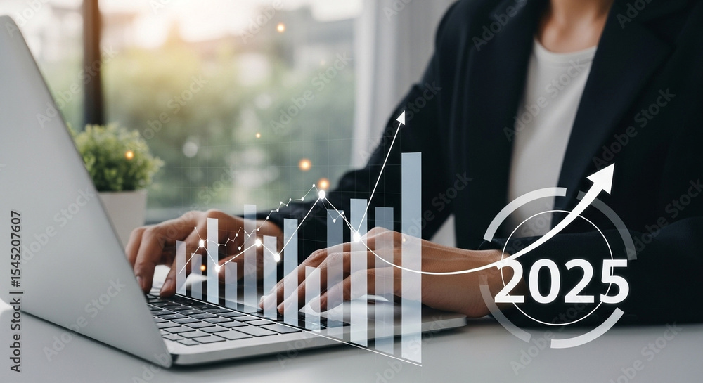 Poster person typing on a laptop with a business growth chart overlay and the year two thousand and twenty 