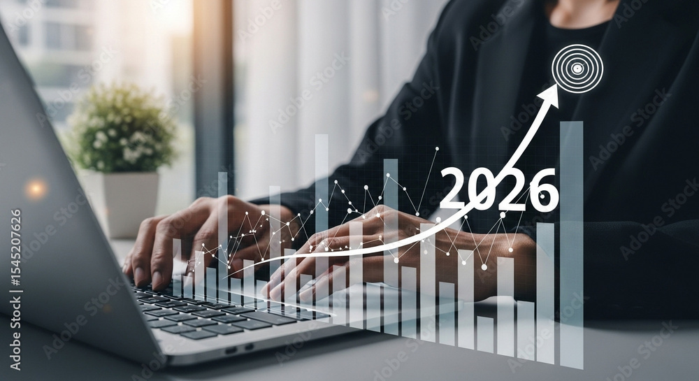 Aufkleber Person typing on laptop with growth chart overlay showing target for the year of two thousand twenty six