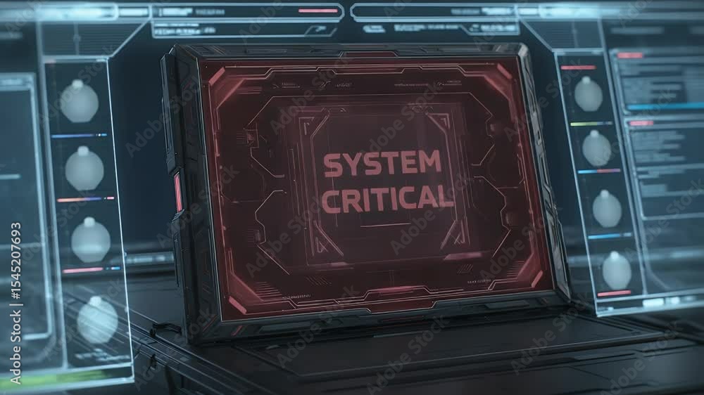 Poster system critical alert: a close-up shot captures a futuristic screen displaying a bold 