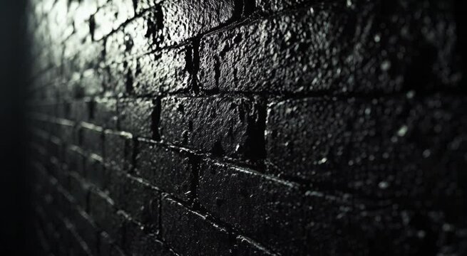 Illuminated perspective of a black brick wall with textured surface details