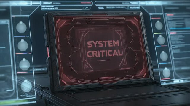 System Critical Alert: A close-up shot captures a futuristic screen displaying a bold "SYSTEM CRITICAL" warning amidst intricate data visualizations.