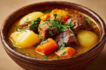 Bowl of Saloona, Omani meat and veg stew with chunks of beef, potatoes, carrots garnished with parsley, warm indoor setting. Concept of Saloona emphasizes hearty, inviting meal experience.