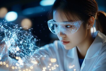 Asian woman wears lab coat, gestures toward floating data sphere in lab. Asian woman surrounded by blue bokeh lights, digital links glow vividly, futuristic analysis concept.