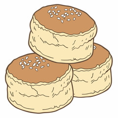 Stack of Three Sesame Seed Topped Brown and Beige Biscuits Isolated on White Background