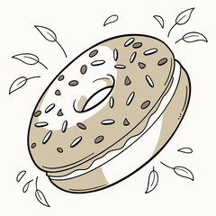 Sesame Bagel with Cream Cheese Illustration Taupe Brown White Seeds Leaves sesame seeds