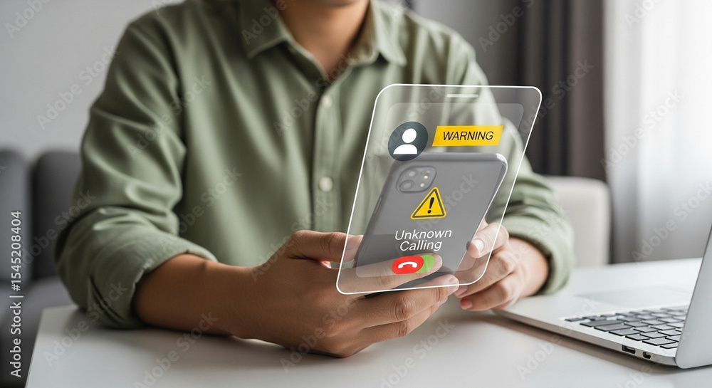 Poster man holding smartphone with unknown caller id and warning sign near a laptop on a white table