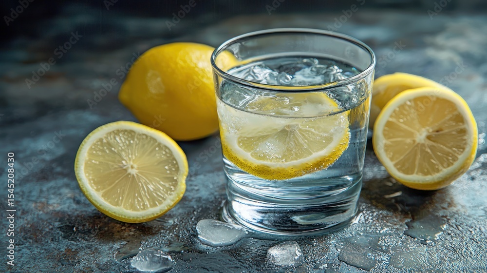Poster a glass of water with lemon slices and ice cubes, placed on a dark surface with a few lemons and a f