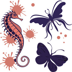 Artistic illustration of a seahorse and two butterflies with paint splatters in coral and navy colors