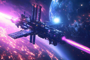 Futuristic space station with solar panels and planetary background