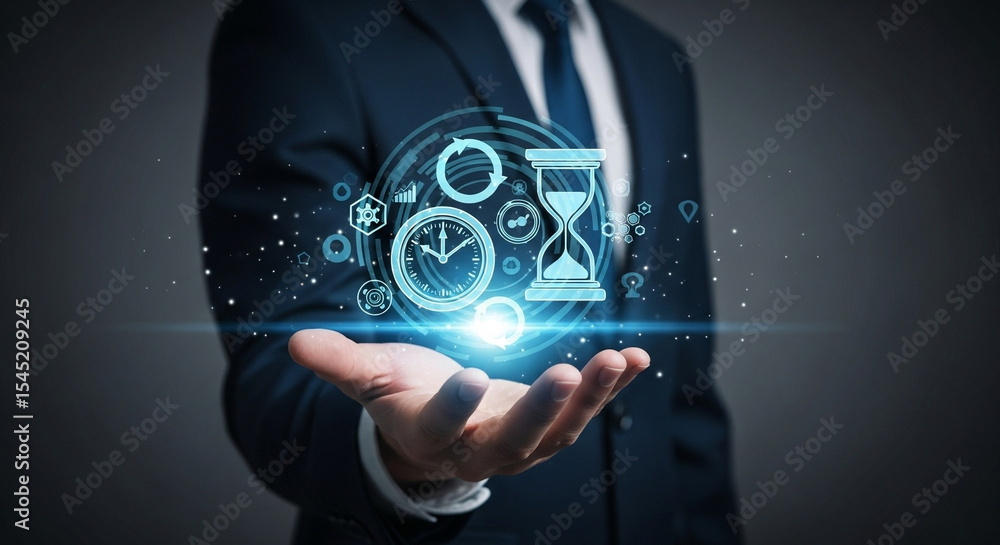 Poster man in suit holding glowing time management icons above hand in dark studio setting with tie visible