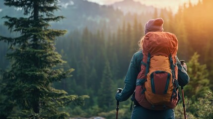 A hiker with a backpack and hiking poles stands in a forest, surrounded by tall trees and a misty landscape. The hiker is wearing a hat and has a contemplative expression on their face. 