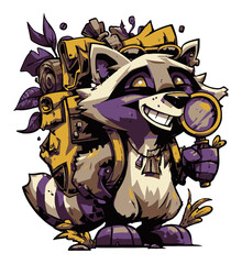Cute Cartoon Raccoon Character with Backpack and Magnifying Glass