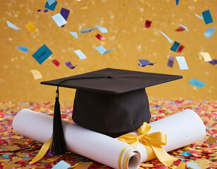 graduation cap and diploma, A graduation cap and diploma amidst a shower of confetti captures the celebratory spirit of academic achievement. It’s a moment of pride and joy