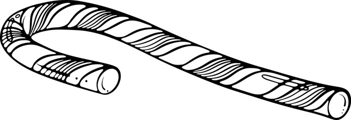 Striped candy cane in horizontal position. Black and white drawing of a classic Christmas treat. Vector illustration in hand drawn doodle sketch style. Line art isolated on white for coloring book