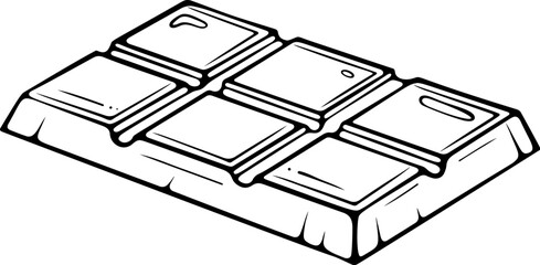 Segmented chocolate bar with six squares. Sweet dessert element. Vector illustration in hand drawn doodle sketch style. Line art isolated on white for coloring book, print