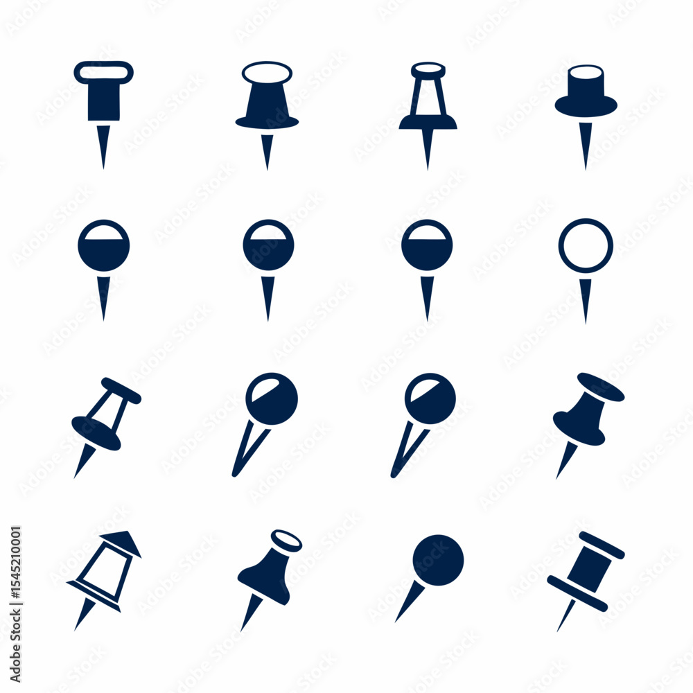 Poster push pin and map marker icon bundle vector for ui, planner, and office tools.