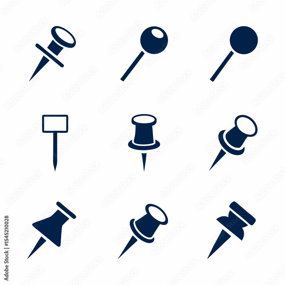 Poster push pin and map marker icon bundle vector for ui, planner, and office tools.