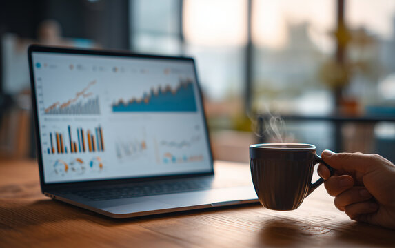 A person holding a cup of coffee in one hand and looking at the screen of their laptop, which is displaying business data such as graphs or charts, indicating they are analyzing financial details.