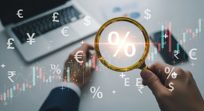 Close up of hand holding magnifying glass over percentage sign and currency symbols on a desk