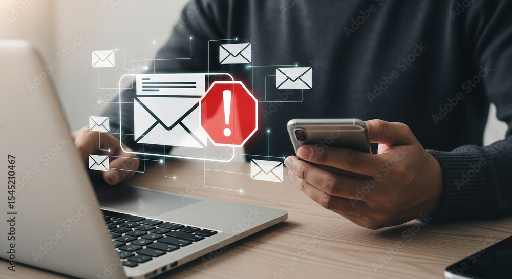 Poster person using laptop and phone with email icons and a red warning sign overlayed on the screen