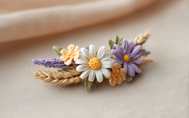 Fototapeta premium Handmade clay daisy and lavender flower hairpin with wheat ears, in a purple, orange, and cream color palette, in a simple style, against a white background,