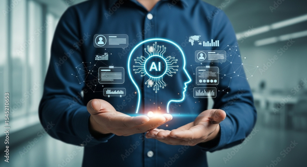 Aufkleber Man holding ai head with digital interface elements in his hands in a corporate environment