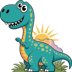 Happy Blue Cartoon Tyrannosaurus Rex Dinosaur Smiling with Sun and Clouds in Background, Cute Prehistoric Animal Illustration for Kids and Educational Content.