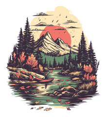 Fototapeta premium Serene Kayaking Adventure in Autumn Landscape with Mountains and River
