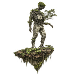 Floating Jungle with Humanoid Tree Limbs on white background,png
