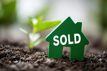 a scene of real estate and agriculture. a small green house, labeled with "sold" in bold white letters, sits atop a patch of brown soil