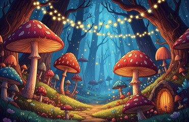 Colorful mushroom world glowing beneath enchanted forest trees, dreamy illustrated animation bathed in fairy dust and luminescent sparkles, alive with wonder