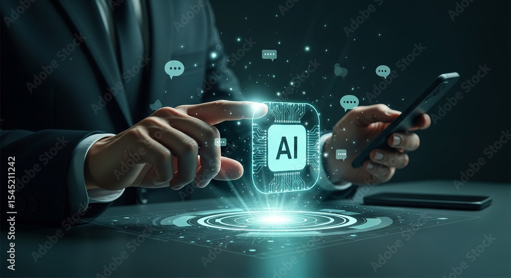 Poster A businessman interacting with ai hologram using a smartphone in a dark environment with chat bubbles